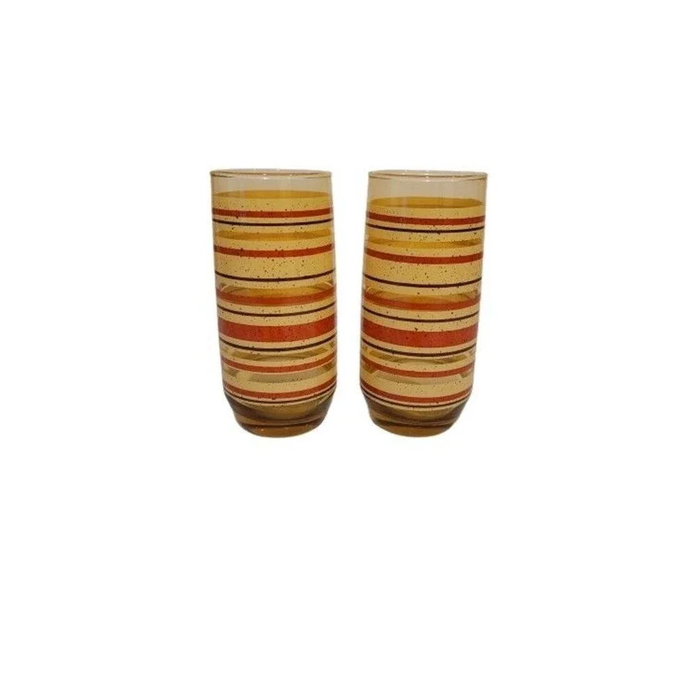 Retro Striped Juice Tumblers – Vintage Yellow Amber Orange Glass – Set of 2